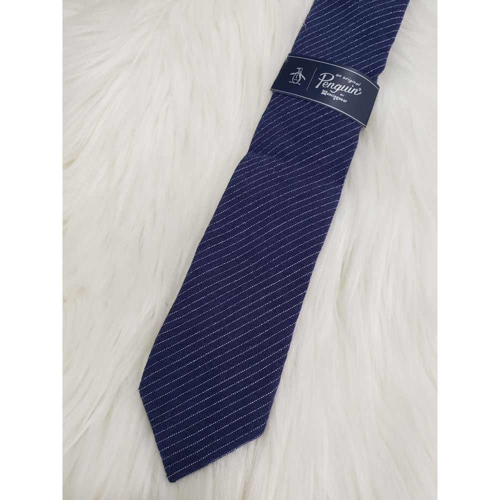 NEW Original Penguin Linen Blend Stripe Navy Blue‎ Skinny Neck Tie